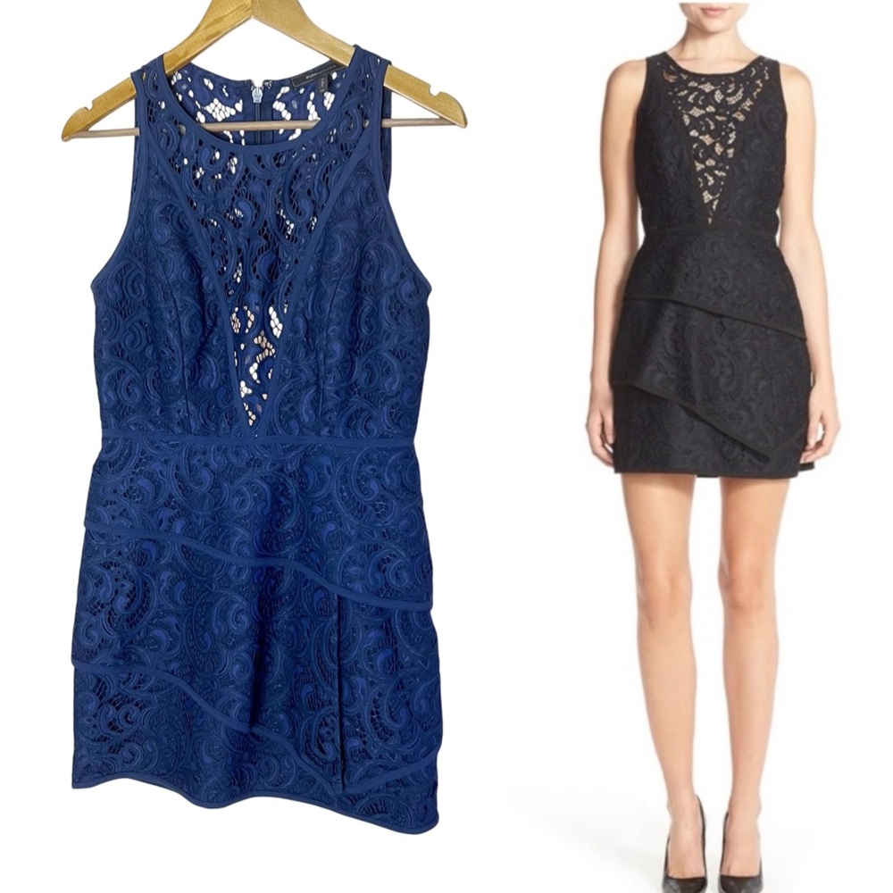BCBGMaxAzria Hanah Dress Size 8 Dark Blue Lace Cocktail Mini Sheath Lined